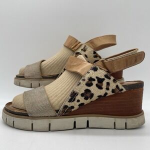 Diba True Womens 8 Sandals Bye Golly Wedge Cheetah Cow Fur Leather Brown Gold